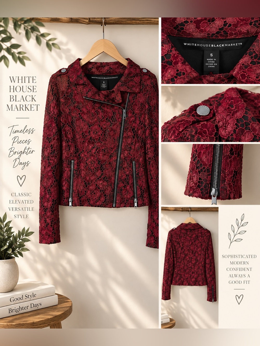 White House Black Market Burgundy Lace Moto Jacket – Size Small